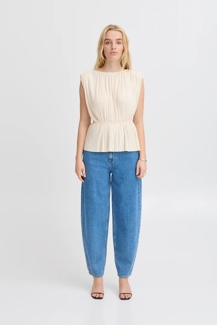 Ana Plisse Sleeveless Top for Women - Soft Almond Milk Color Summer Blouse - Perfect for Casual Outings, Beach Vacations & Date Nights
