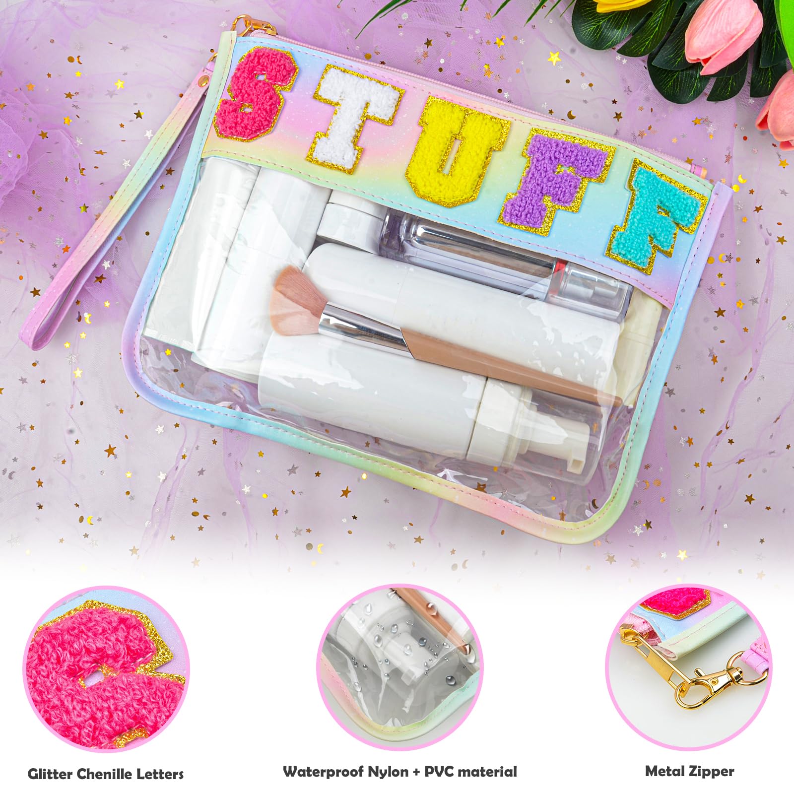 OlyPegic Chenille Letter Clear Makeup Bag - Waterproof Cosmetic Toiletry Pouch with Zipper for Women & Girls | Perfect for Travel, Beach, School & Daily Use