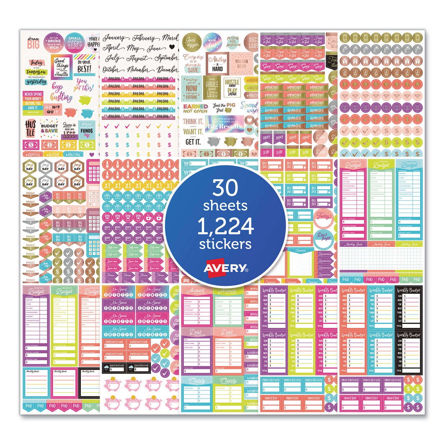 Avery Budgeting Planner Stickers - 1,224 Colorful Budget Theme Stickers for Financial Planning, Bill Tracking & Money Management | Perfect for Bullet Journals, Planners & DIY Organizing