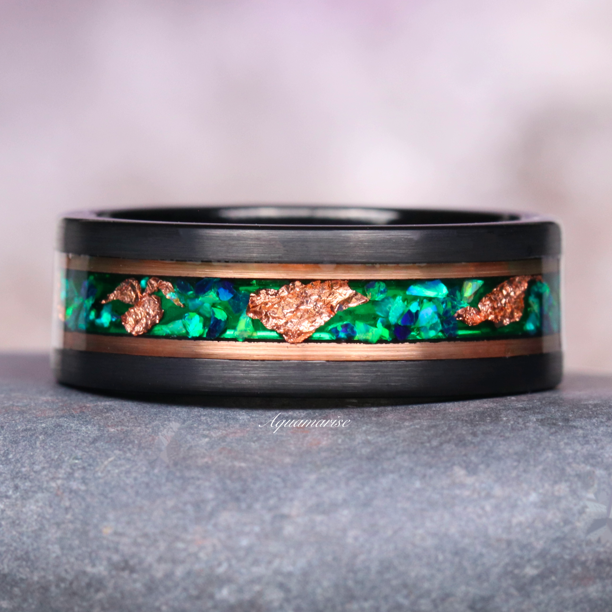 Elegant Green Fire Opal & Rose Gold Leaf Wedding Band - 6MM or 8MM Rose Gold Black Tungsten Ring for Women - Perfect for Engagement, Anniversary & Romantic Occasions