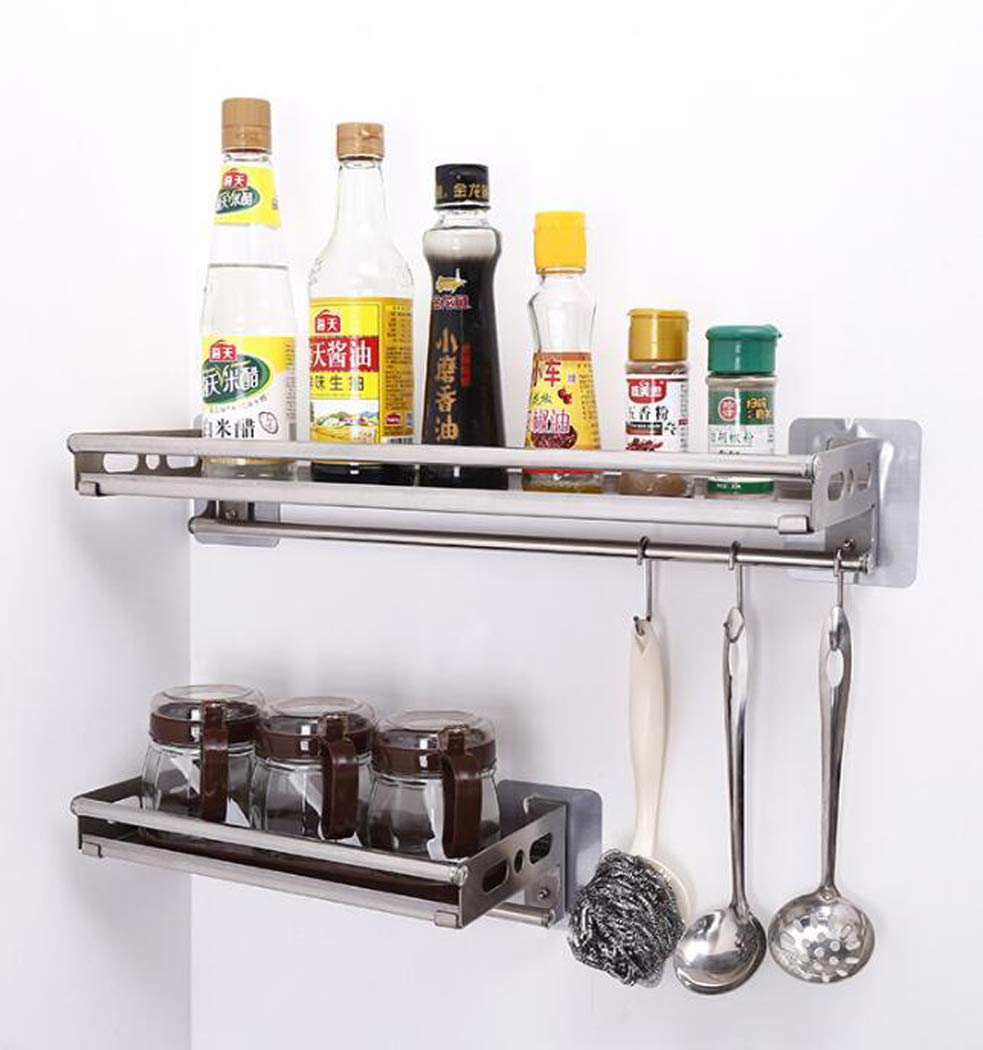 Stainless Steel Wall Mounted Kitchen Shelves with 4 Hooks - 60cm Spice Rack & Multifunctional Organizer for Bathroom, Kitchen Storage - Perfect for Small Spaces, Pantry Organization & Home Decor