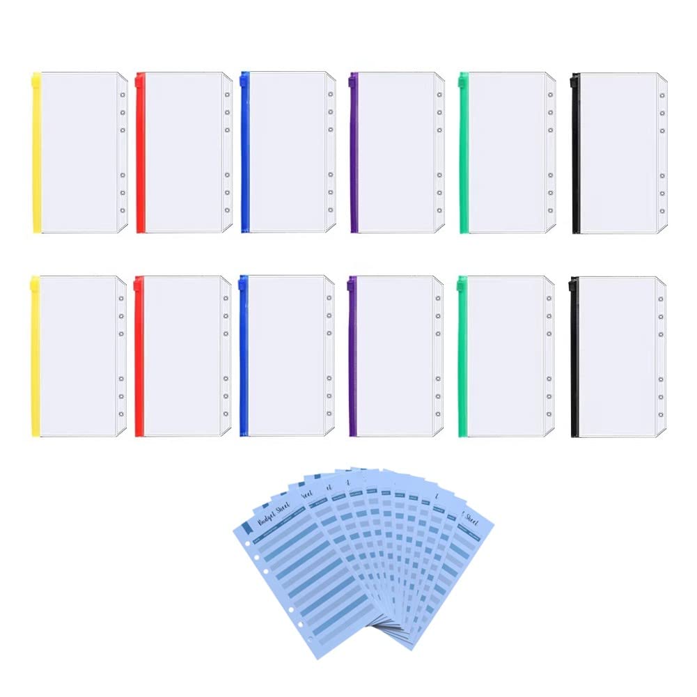 12 PCS A6 Binder Pockets with 12 Budget Sheets & 6-Hole Zipper Cash Envelopes - Waterproof PVC Document Folders for A6 Budget Binder (6 Colors) - Perfect for Home Budgeting, Office Filing, and Travel Organization