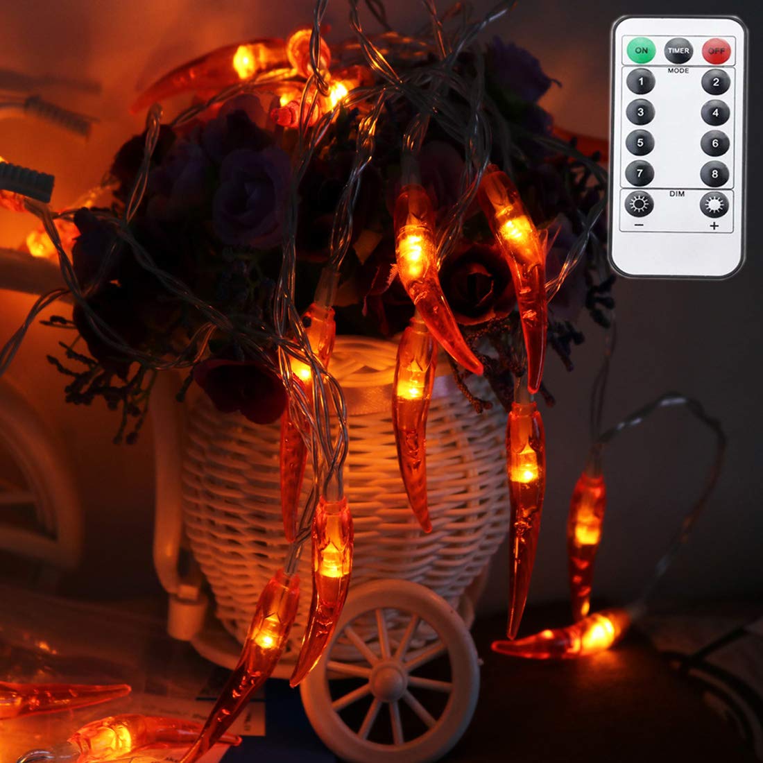 Red Chili Pepper String Lights - 40 LED Battery Operated Christmas Lights with Remote Control & 8 Modes | Perfect for Home, Garden, Patio, Wedding, Xmas, Chinese New Year Decorations | Indoor & Outdoor Holiday Party Lighting
