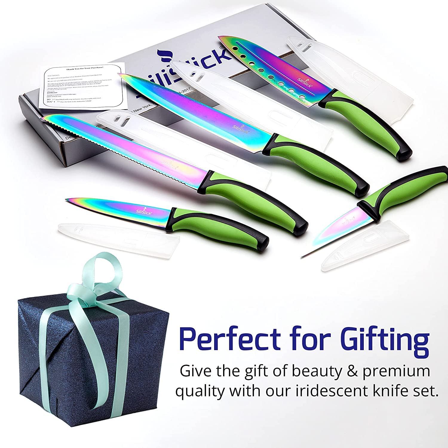 Rainbow Titanium Coated Kitchen Knife Set - 6-Piece Stainless Steel Chef Knives with Ergonomic Non-Slip Handles (Utility, Santoku, Bread, Paring Knives) - Perfect for Home Cooking, Professional Chefs & Gift Giving