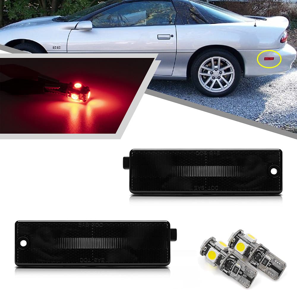 2Pcs Red LED Rear Side Marker Lights for Chevy Camaro 1993-2002 - Smoked Lens Turn Signal Light with Red LED Bulbs - Perfect for Night Driving & Car Customization