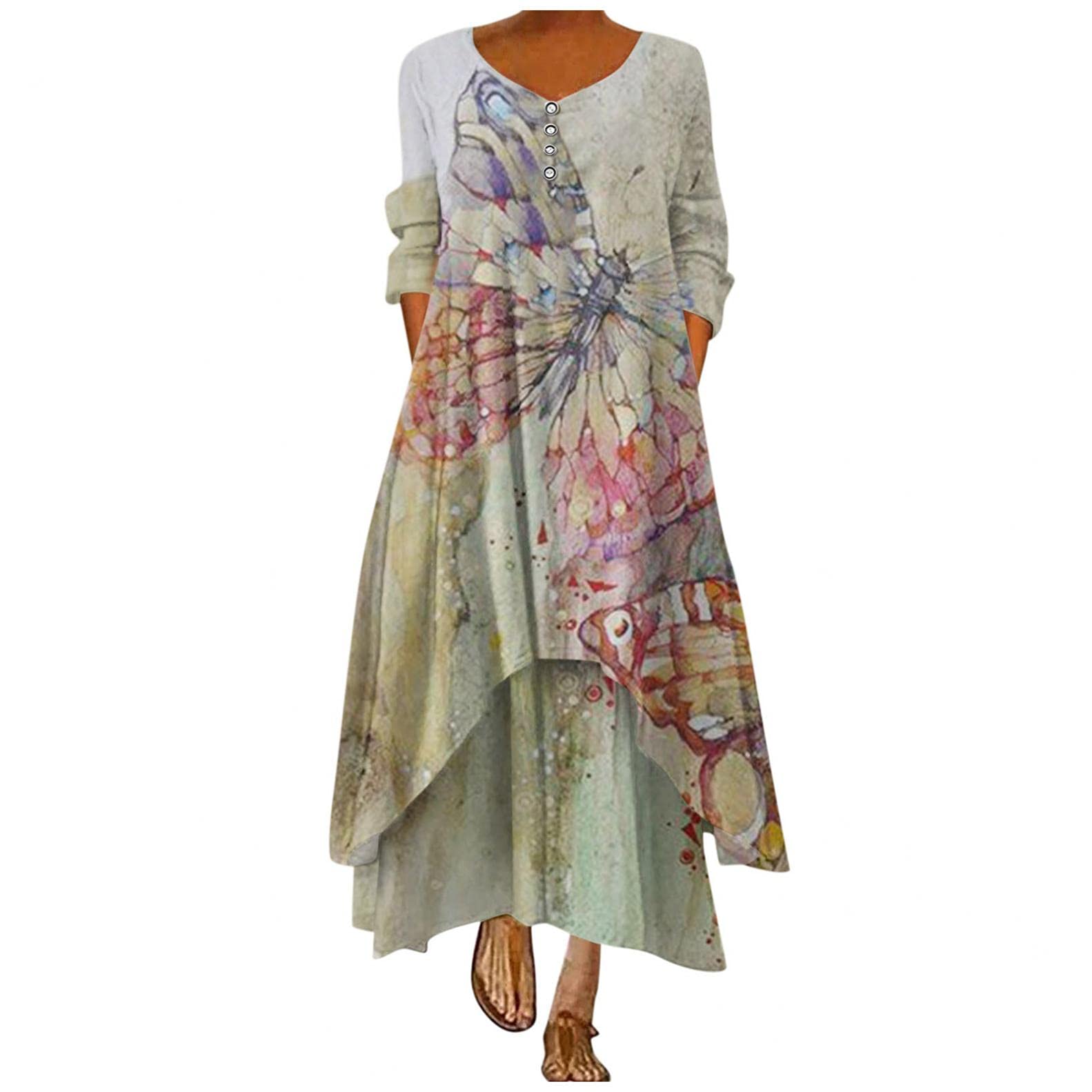 Women's Floral Print Vintage Sundress - Long Sleeve Maxi Dress for Summer, Casual Crewneck Dress with Elegant Floral Pattern | Perfect for Beach Vacations, Garden Parties & Summer Outings