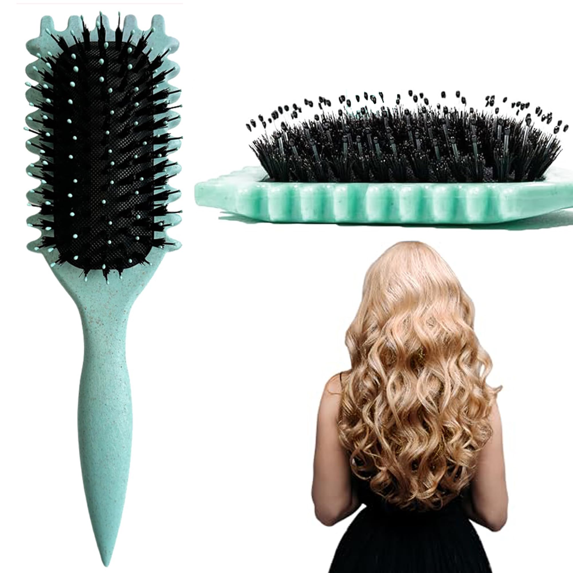 Best Curl Defining Brush for Women - Boar Bristle Hair Brush for Curly Hair, Reduces Pulling & Frizz | Perfect for Styling, Detangling & Smoothing Curls at Home or Salon (Green)