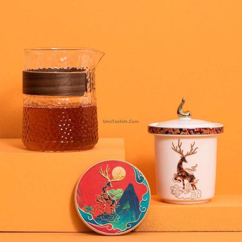 Elegant Glass and Porcelain Deer Travel Tea Set - Portable Tea Cup with Lid for Camping, Picnics & Gifts - Perfect for Outdoor Adventures and Tea Lovers