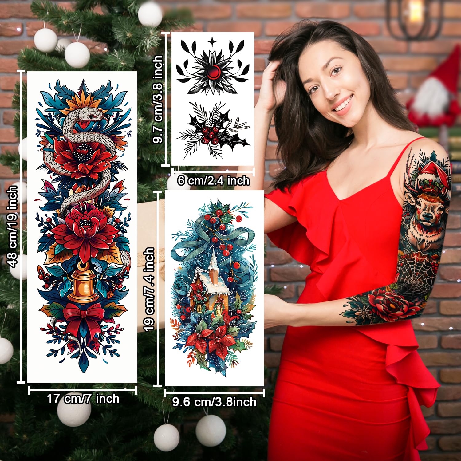 Partywind Christmas Temporary Tattoos for Adults & Women - Waterproof Holiday Makeup Tattoo Stickers - Festive Party Supplies & Decorations - Realistic Holiday Body Art for Christmas Parties, Family Gatherings & Festive Celebrations