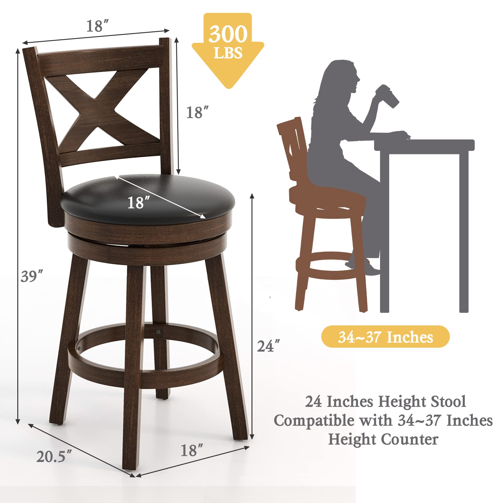 ERGOMASTER Dark Brown Swivel Bar Stools - 24 Inch Counter Height Barstool with Adjustable Seat - Modern Kitchen & Pub Stool for Home, Restaurant & Bar Use (Set of 1)