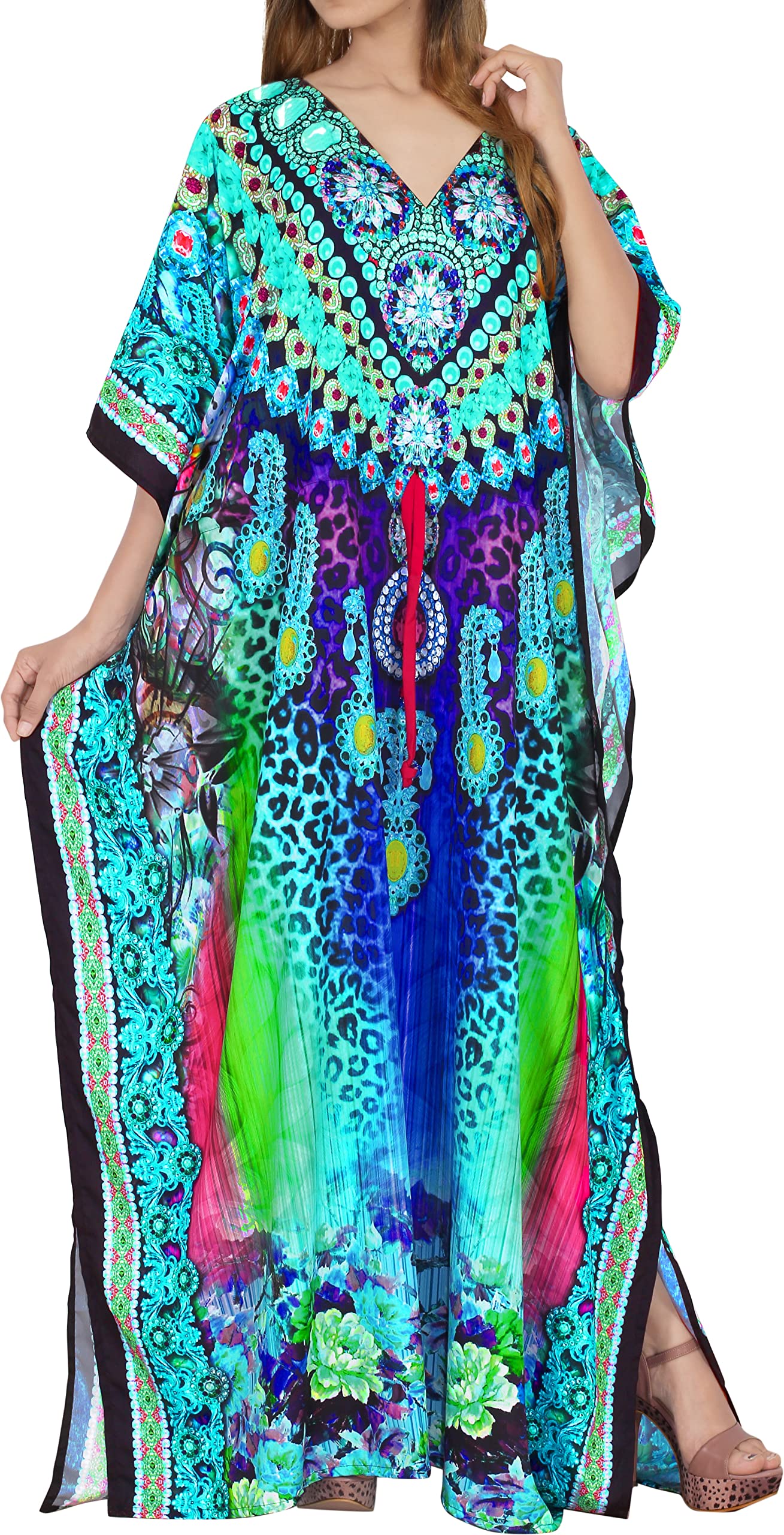 LA LEELA Women's Plus Size Maxi Caftan Dress with Long Slit - Flowy Boho Beach Cover Up, Sky Animal Print - Perfect for Vacation, Pool Party & Summer Outfits