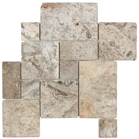Silver Travertine Mini Versailles Pattern Tumbled Stone Tiles - Elegant Flooring & Wall Decor for Bathroom, Kitchen, and Outdoor Patio
