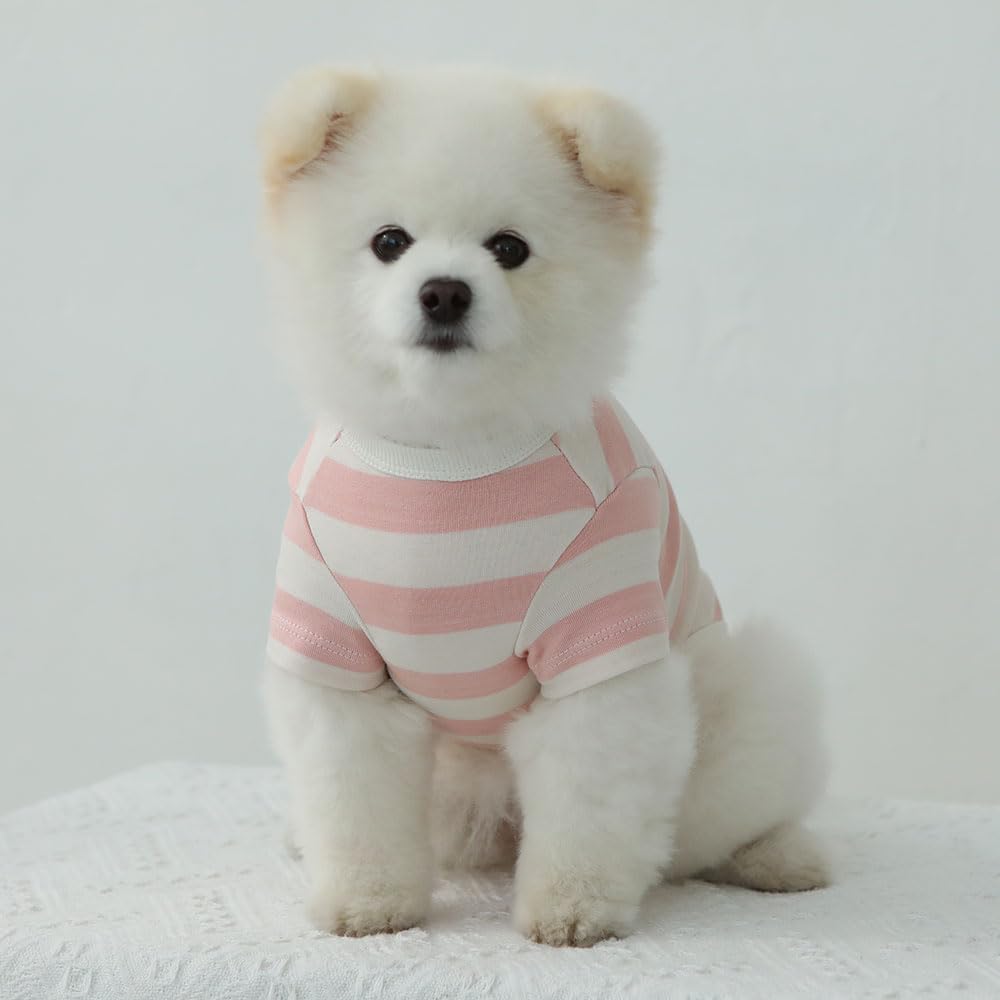 Soft Breathable Cotton Rugby Striped Dog T-Shirt for Small & Large Dogs - Comfortable Pet Clothes (Large, Ivory/Pink) - Perfect for Daily Walks, Playtime & Photo Shoots