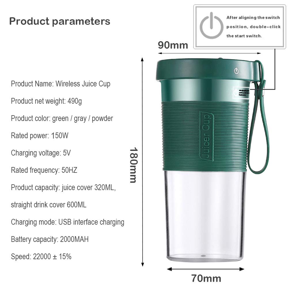 Portable USB Rechargeable Cordless Blender - 320ml Mini Personal Smoothie Maker & Juicer Cup, Waterproof Fruit Mixer for Home, Office, Travel, Gym, Camping & Outdoor Activities (Green)