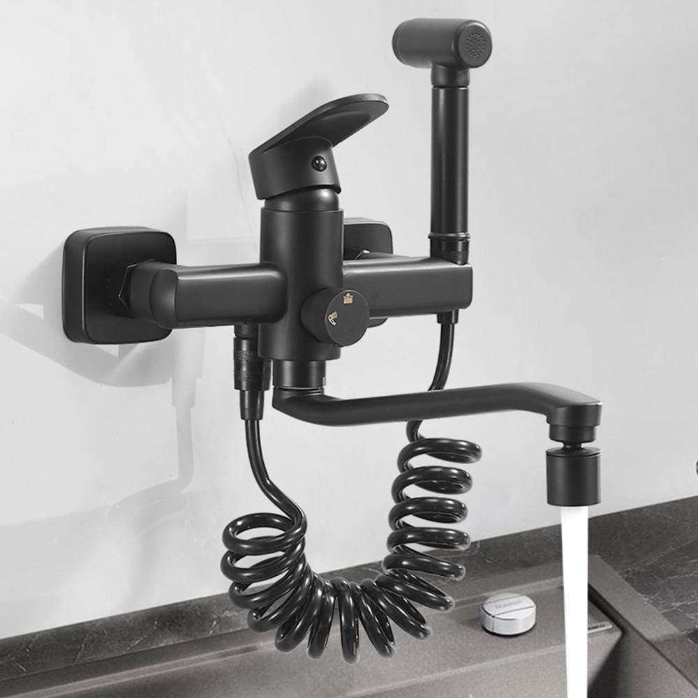Black Wall Mount Kitchen Sink Faucet - Double Hole Hot and Cold Water Mixer Tap with 180° Rotatable Spray Gun & 30cm Brass Outlet Pipe - Perfect for Modern Kitchens, Restaurants, and RV Camping