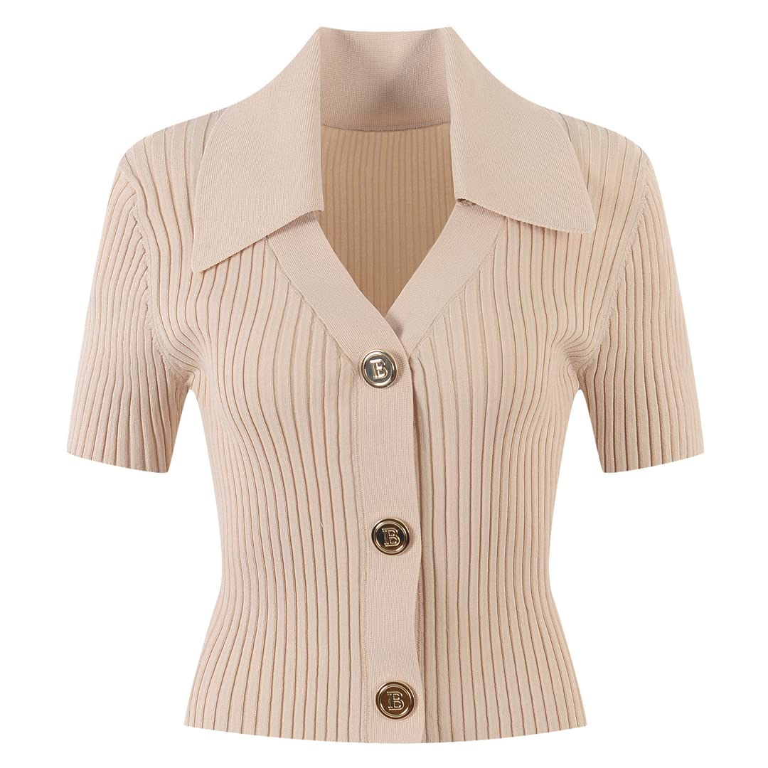 Women's Summer Short Sleeve Cardigan with Gold Buttons - Runway Designer Khaki Knit Top | Perfect for Office Wear, Date Nights & Casual Outings