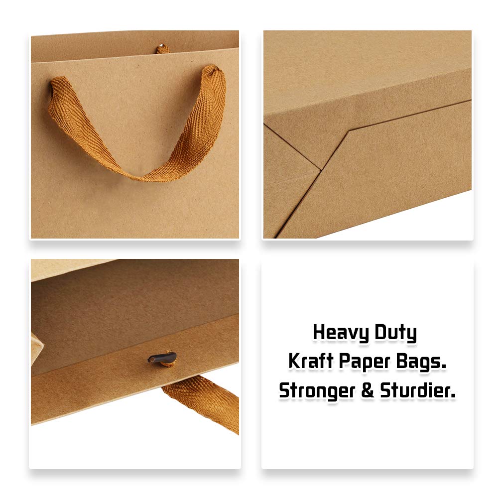 Premium 50-Pack Heavy Duty Kraft Brown Gift Bags with Soft Cloth Handles (10.6