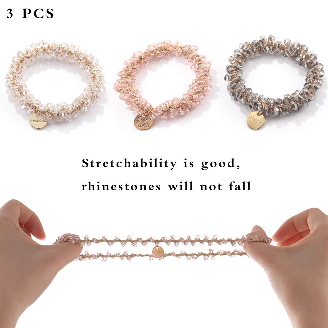 Brinie White Elastic Hair Scrunchies with Crystal Beads - 3 Pack Hair Ties & Ponytail Holders for Women & Girls - Perfect for School, Work, Gym & Everyday Styling