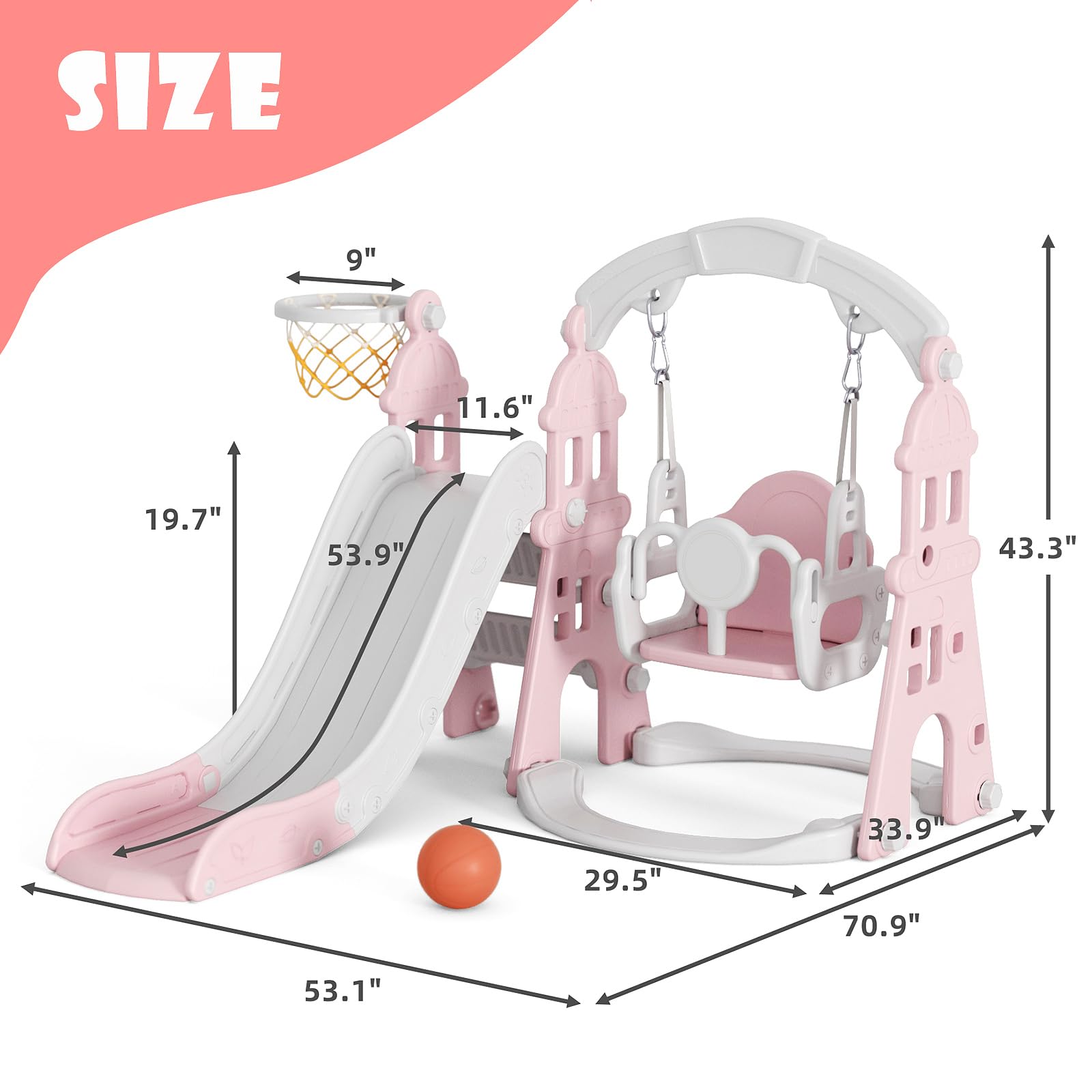 67i Toddler Swing and Slide Set for Kids Age 1-3 Years - Indoor & Outdoor Plastic Playset with Safety Belt, Basketball Hoop, HDPE Material (Pink) - Perfect for Backyard, Garden, Playroom and Preschool Activities