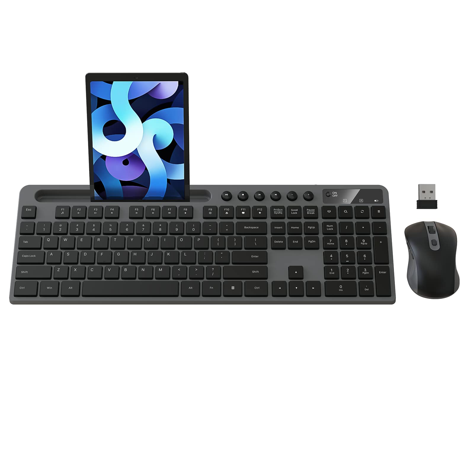 MARVO 2.4G Wireless Keyboard and Mouse Combo - Ergonomic Design with Silent 6-Button Mouse & Phone/Tablet Holder - Compatible with MacBook & Windows PC (Grey) - Perfect for Home Office, Gaming & Remote Work