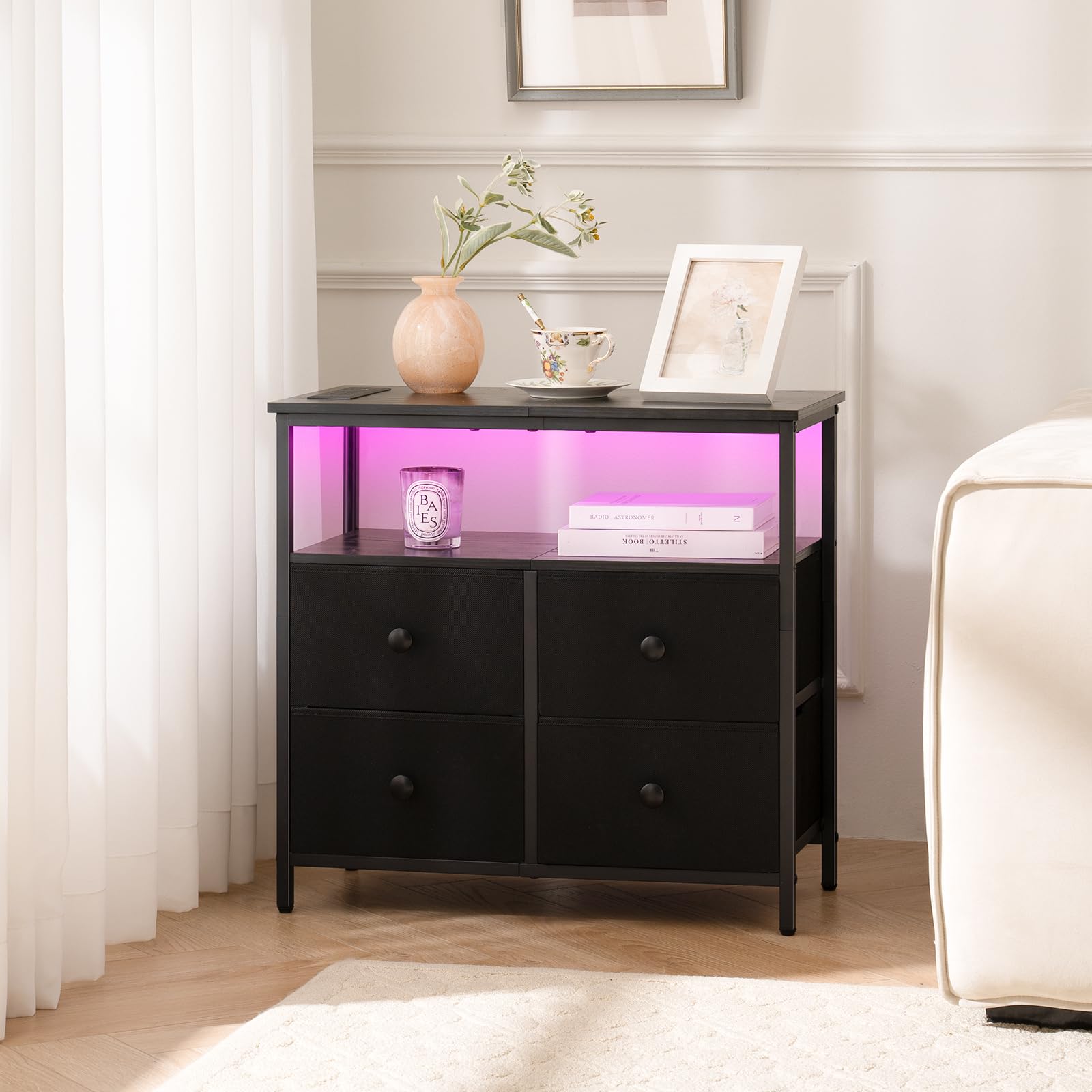 Yoobure Night Stand with USB Charging Station - 4 Drawer Bedside Table with LED Light & Storage Shelf - Wooden End Table for Bedroom, Living Room, Office (Black) | Perfect for Small Spaces, Apartment Furniture & Modern Home Decor