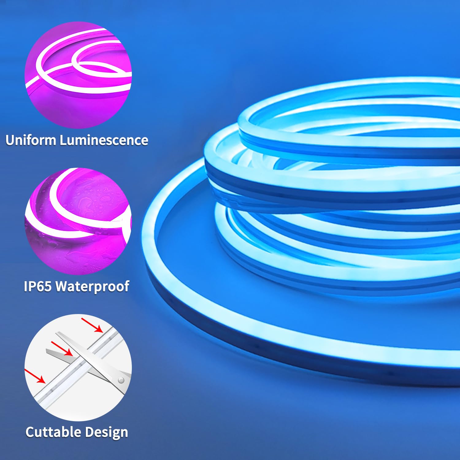 16.4Ft RGB LED Neon Rope Lights - Music Sync, IP65 Waterproof, Flexible Design with 44-Key Remote & APP Control - Outdoor/Indoor Neon Strip Lights for Bedroom Wall Decor, DIY Home Lighting, Party & Bar Ambiance