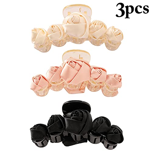 SOWUNO Elegant Floral Hair Claw Clips 3PCS Set - Strong Hold Large Hair Clips with Interlocking Teeth for Women | Perfect for Updos, Ponytails & Everyday Hairstyles