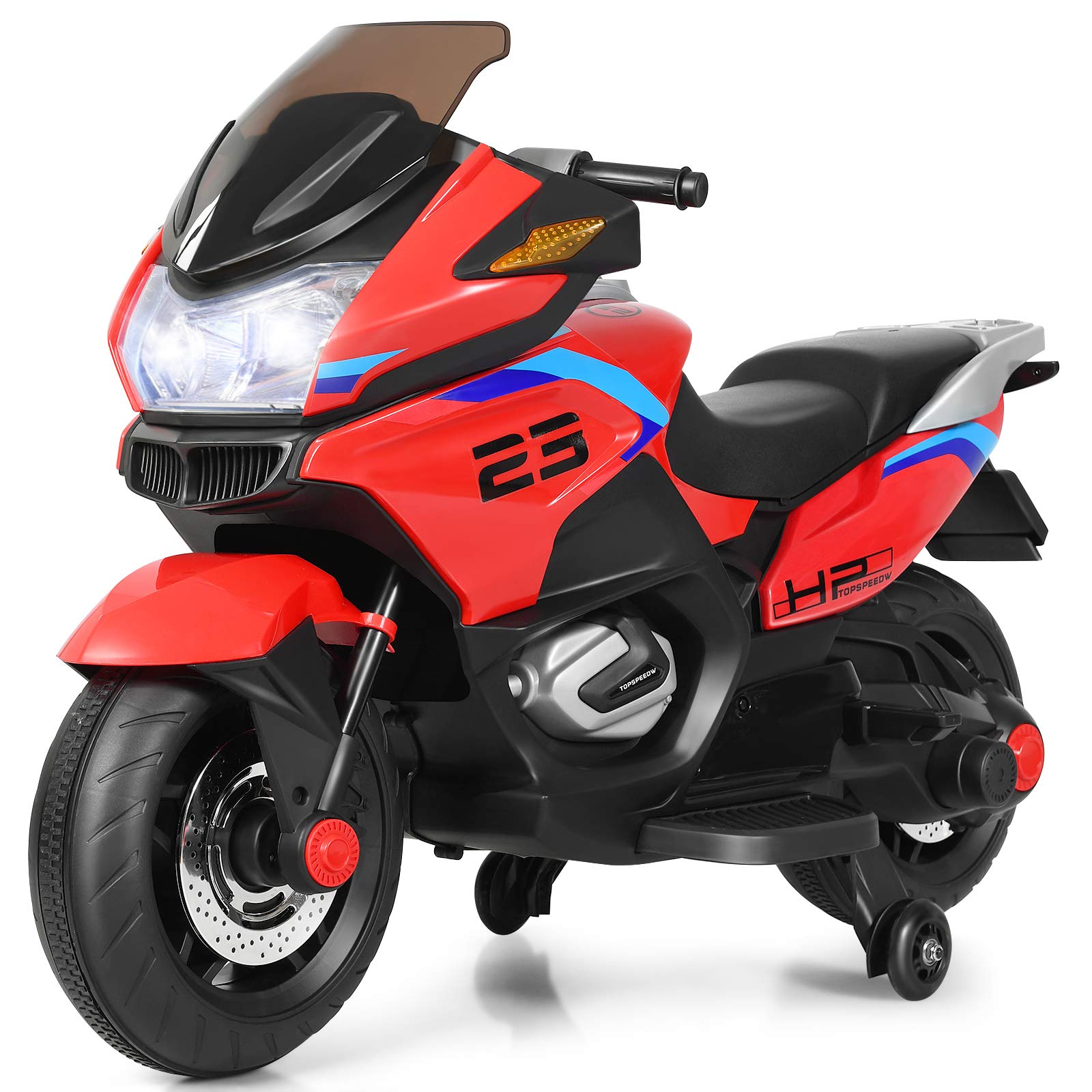 HONEY JOY 12V Kids Electric Motorcycle with Training Wheels & LED Lights - Battery Powered Ride On Toy for Boys Girls Ages 3+ - Spring Suspension, Foot Pedal - Perfect Birthday Gift & Outdoor Play (Red)