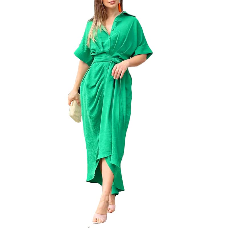 Women's NP Lapel Mid-Length Short Sleeve Single Breasted High Waist Shirt Dress - Green XL | Office Wear, Casual Outfit & Spring Summer Fashion