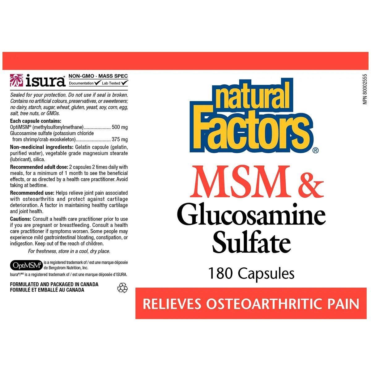 Natural Factors MSM & Glucosamine Sulfate 180 Capsules - Joint Support Supplement for Pain Relief & Mobility - Supports Healthy Cartilage & Connective Tissue - Ideal for Athletes, Seniors & Active Lifestyles
