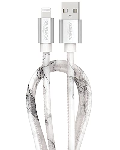 LIQUIPEL Powertek MFi Certified Fast Charging Cable - 6ft Lightning to USB Cable for iPhone 14/13/12/11/X/8 & iPad - Durable Marble Grey Charger Cord for Home, Office & Travel