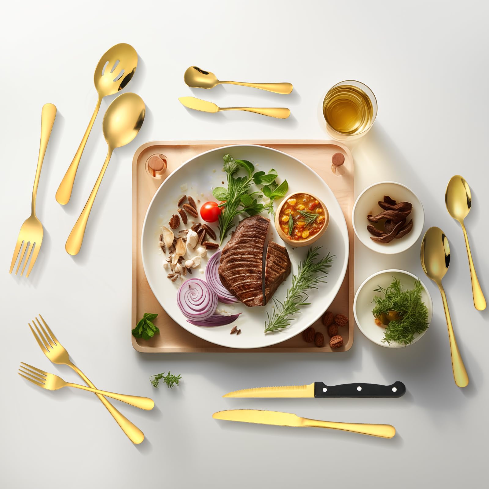53-Piece Gold Silverware Set for 8 - Premium 18/10 Stainless Steel Flatware Set with Steak Knives & 5-Piece Serving Utensils - Elegant Cutlery Set for Restaurants, Hotels & Home Dining - Dishwasher Safe - Perfect for Dinner Parties, Weddings & Formal Events