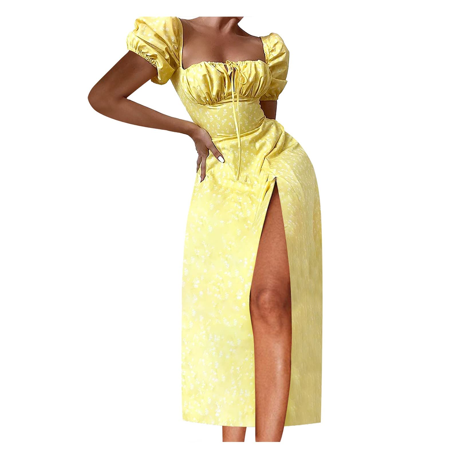 Women's Sexy Summer Cocktail Dress with Puff Sleeves & High Split - Square Neck Casual Fashion Dress for Parties, Date Night & Beach Vacations