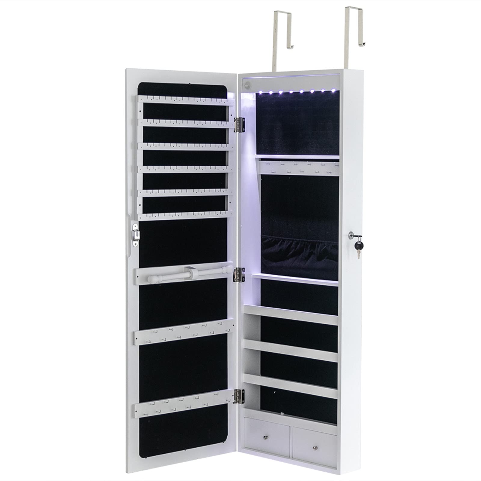 Keseno Wall Mounted Mirror Shelf with 4 Layers, 2 Drawers & 8 Blue LED Lights - Jewelry Storage Cabinet for Bedroom, Living Room or Clothing Store (White) - Perfect for Organizing Necklaces, Rings & Cosmetics While Adding Modern Decor