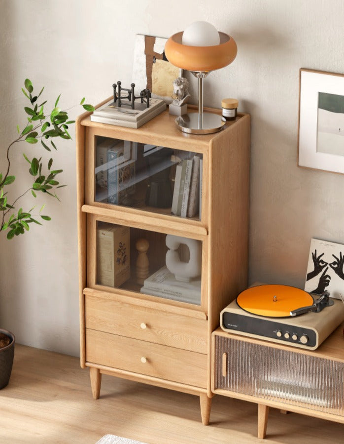 Solid Oak and Ash Wood Flip Door Side Cabinet with LED Lighting - Perfect for Living Room, Bedroom, or Office Storage and Display