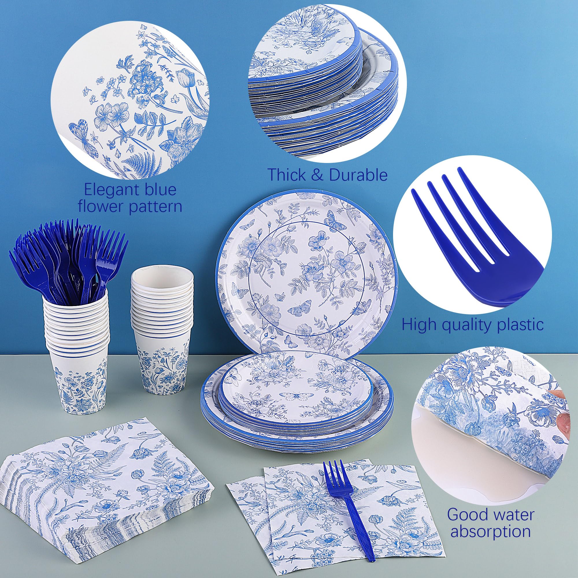 Durable 144-Piece Blue and White Floral Disposable Tableware Set - 9