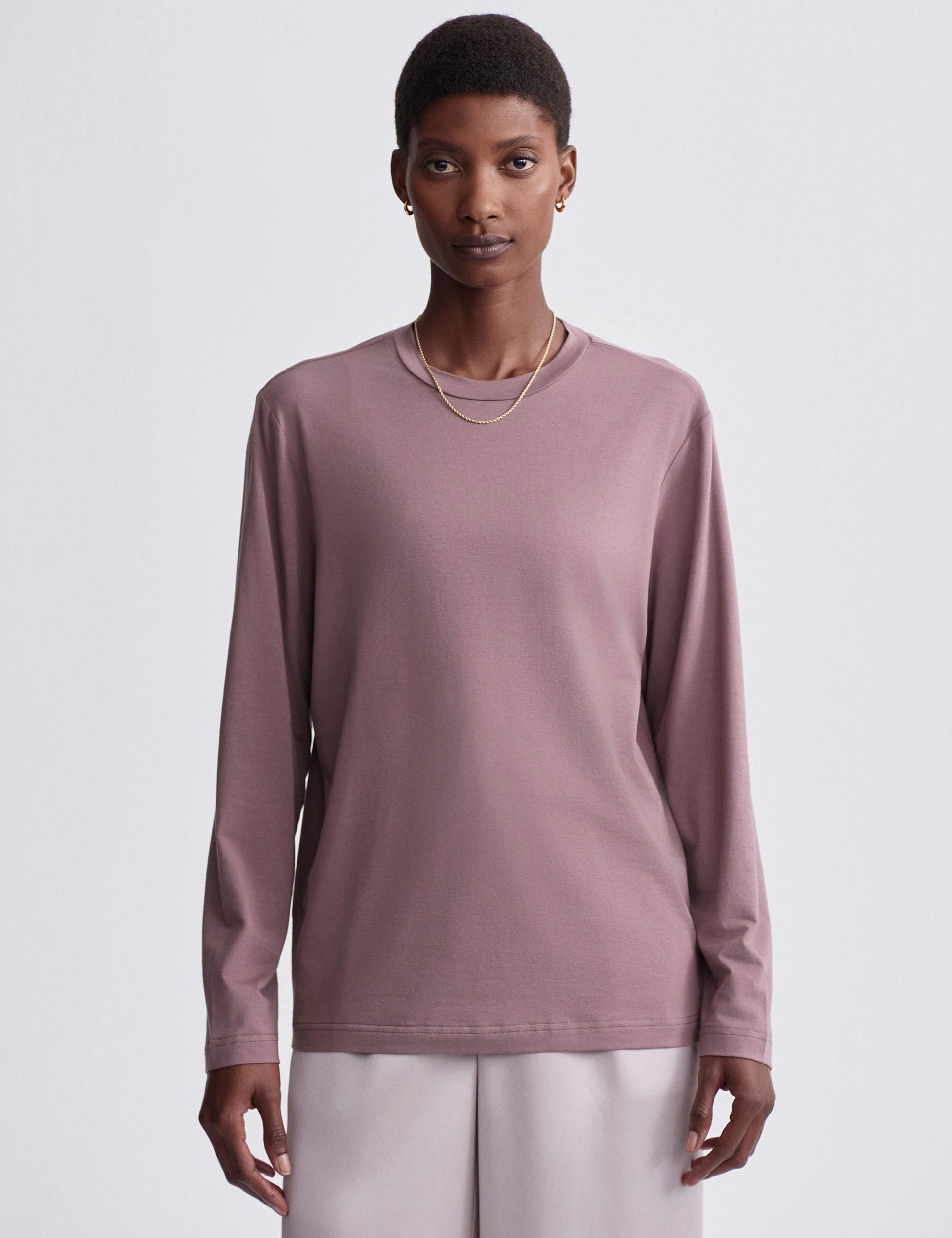 Leah Long Sleeve Boyfriend T-Shirt for Women - Soft Cotton Oversized Relaxed Fit Tee in Deep Taupe | Casual Wear, Layering & Everyday Comfort