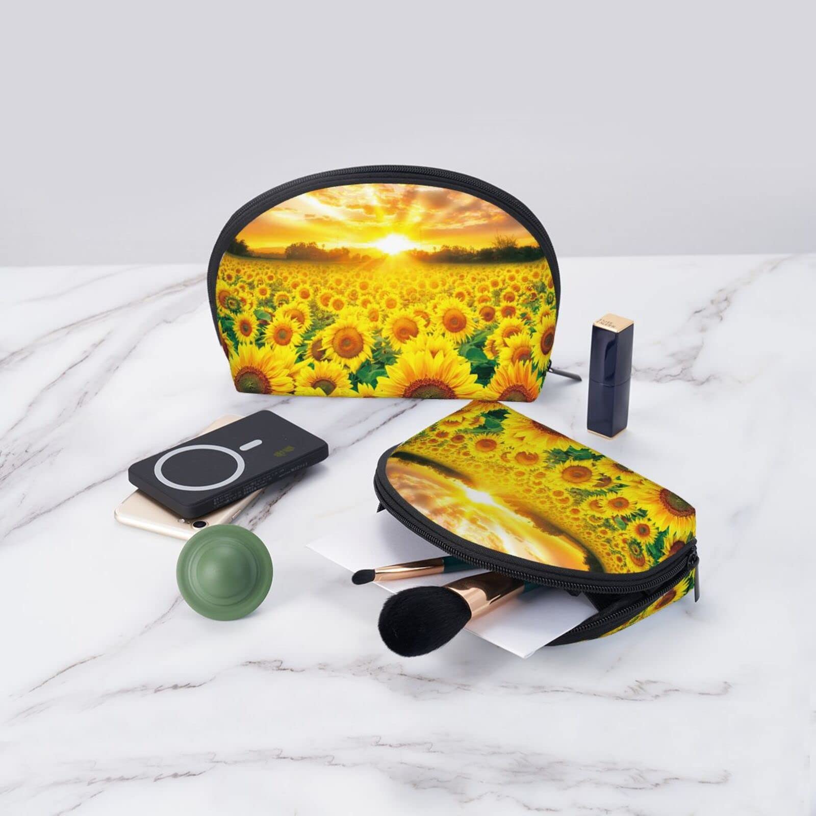 OTRAHCSD 2-Pack Sunflower Field Makeup Bags - Waterproof Cosmetic & Toiletry Organizer with Zipper for Travel, Gym, and Daily Use | Portable Zipper Pouch for Women & Girls