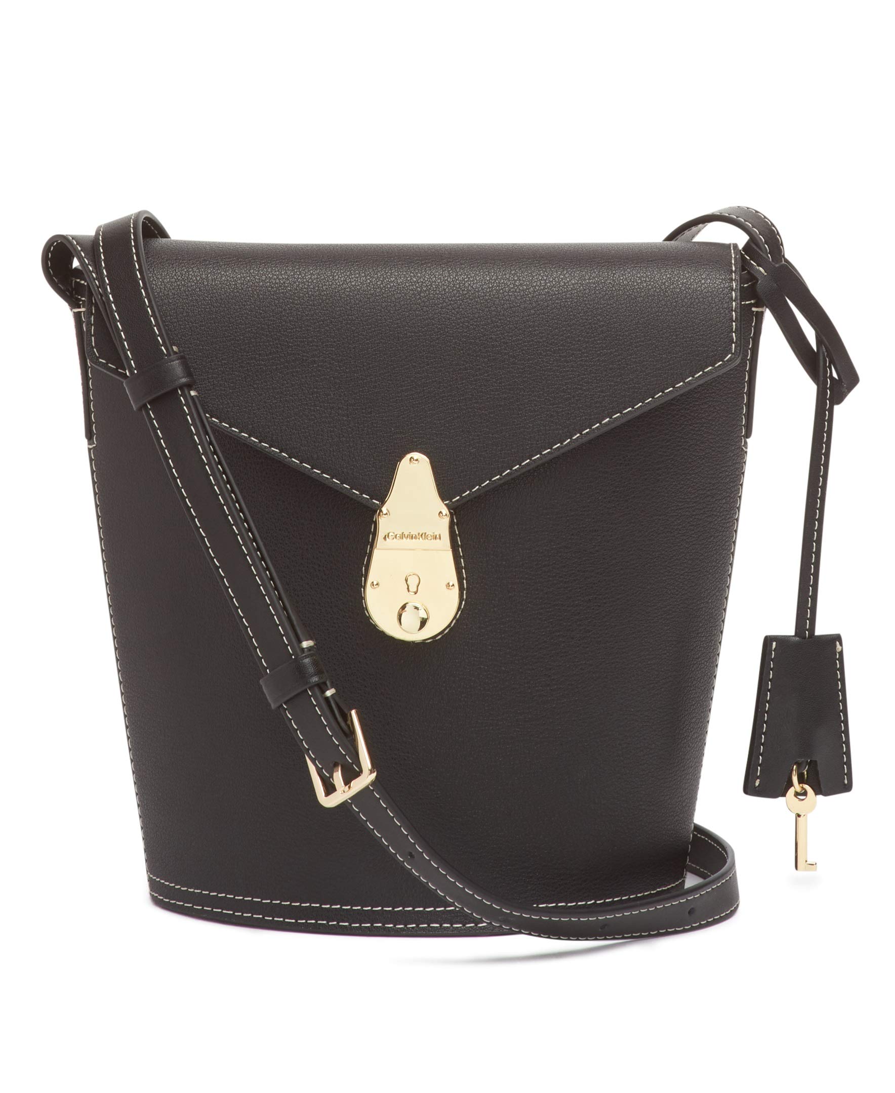 Calvin Klein Statement Series Lock Flap Daytona Leather Bucket Crossbody Bag for Women | Fashionable Shoulder Purse for Work, Travel & Everyday Use