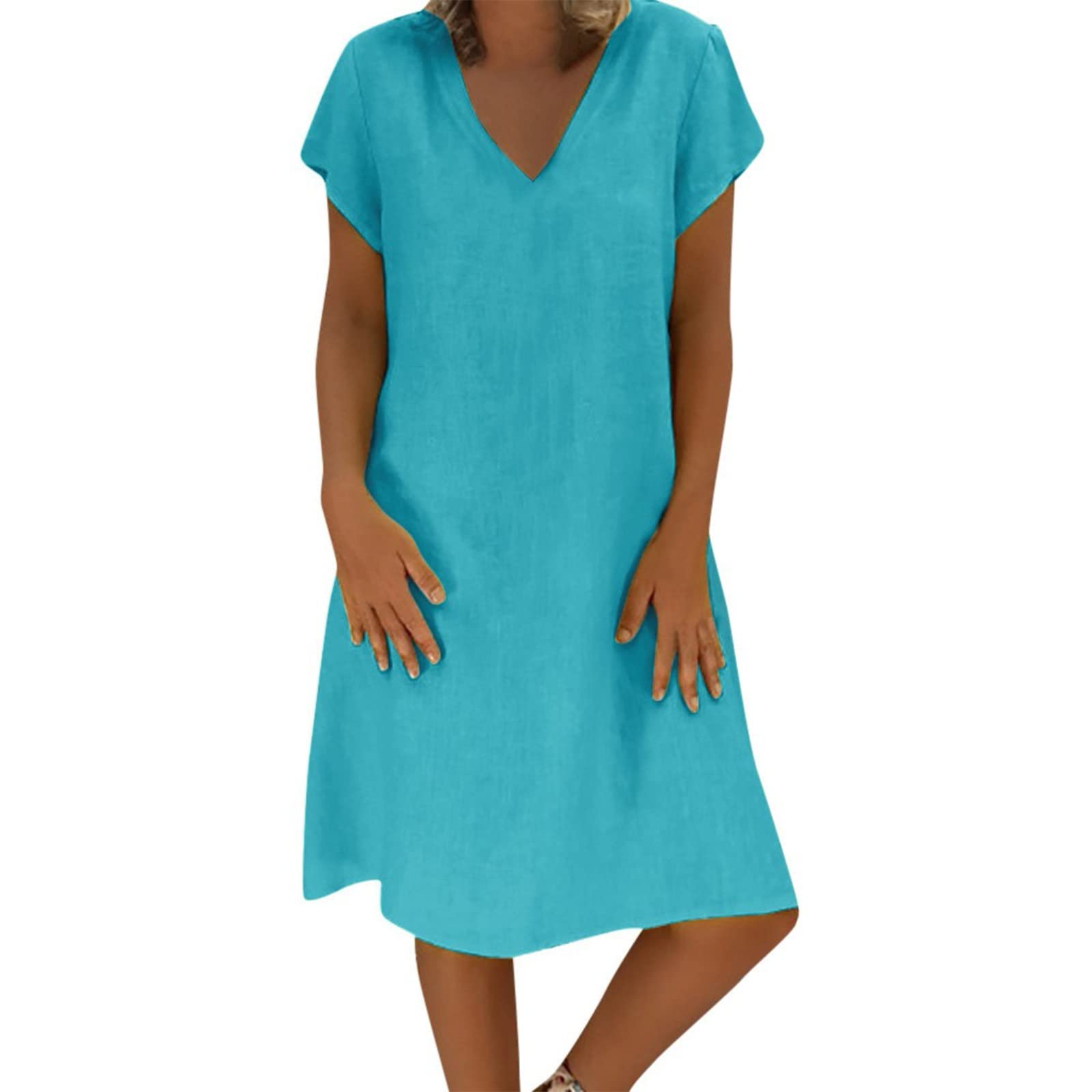 Trendy Women's V-Neck Solid Color Short Sleeve Dress - Loose Fit Shift Swing Dress for Beach, Vacation & Summer Outings | Casual Daywear, Party & Travel Essentials