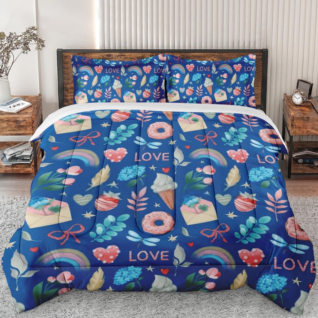 Full Size Comforter Set - Soft Cream Rainbow Love Blue Bedding for Kids & Adults | Floral Summer Spring Bedspread with 2 Pillowcases | Perfect for Bedroom Decor, Guest Room & Dormitory