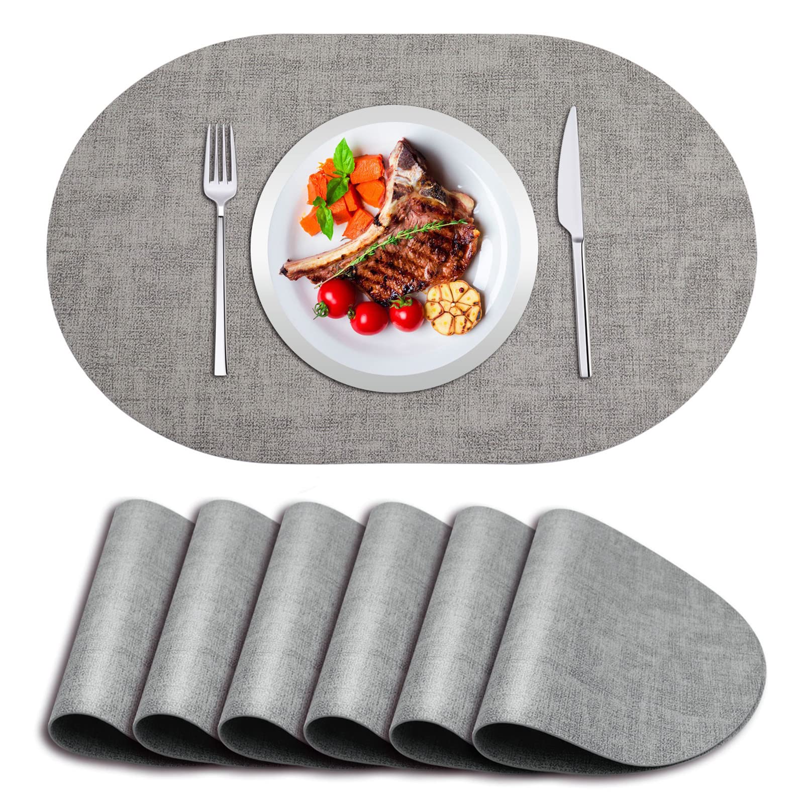 ANUNU Set of 6 Double-Sided Faux Leather Placemats - Heat Resistant, Waterproof, Non-Slip Dining Table Mats for Kitchen & Restaurant Use (Grey) - Perfect for Everyday Meals, Dinner Parties & Holiday Gatherings
