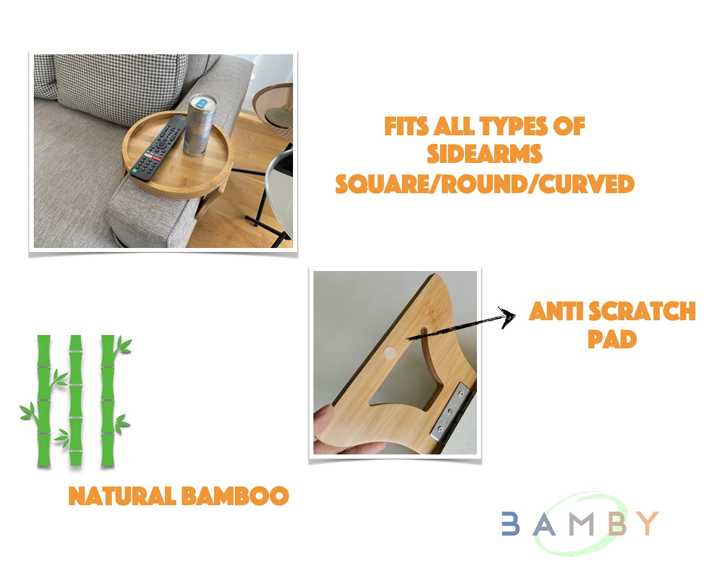 Natural Bamboo Clip-On Side Table - Round Sofa Armrest Tray for Remote, Phone, Drinks & Snacks | Perfect for Living Room, Bedroom & Small Spaces