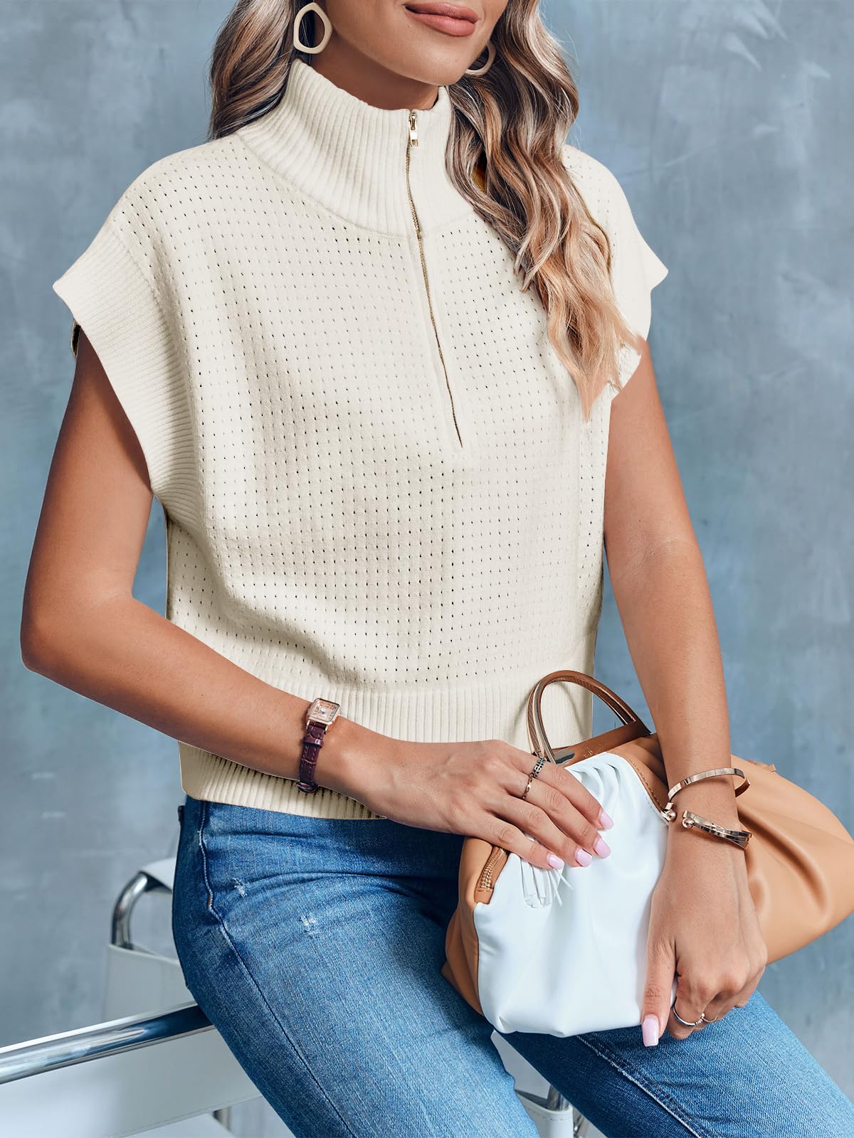 Langwyqu Women's Short Sleeve Cropped Knit Top Half Zip Pullover - Lightweight Oversized Sweater Vest for Casual Outfits, Layering & Spring Fashion