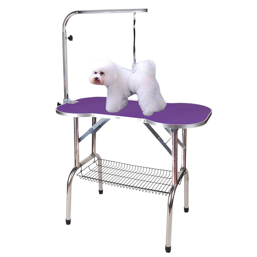 **Heavy Duty Stainless Steel Adjustable Pet Grooming Table for Dogs & Cats - Foldable Design with Adjustable Arm, Noose & Mesh Tray - Purple (32 Inch) - Perfect for Professional Grooming & Home Pet Care**