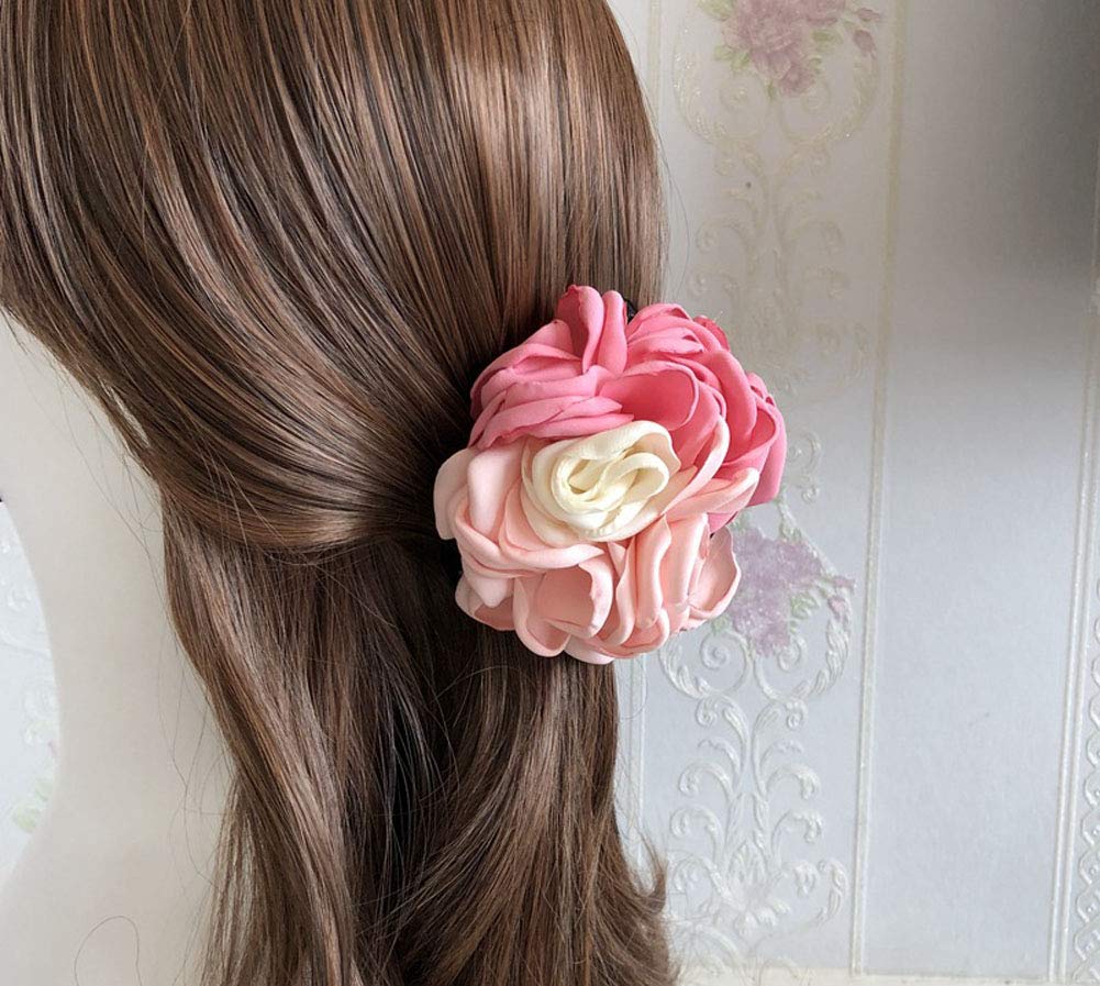 2PCS Large Rose Flower Hair Clips with Bow - Elegant Hair Claws for Women, Hair Accessories Jewelry (Pink & Blue) - Perfect for Weddings, Parties & Daily Styling