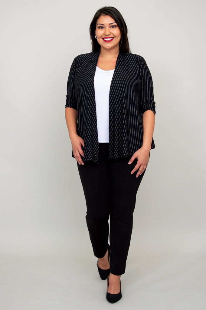 Kathy Women's Jacket - Black & White Pin Stripe Bamboo Fabric - Lightweight & Breathable for Spring & Fall - Perfect for Office Wear, Casual Outfits, and Outdoor Activities
