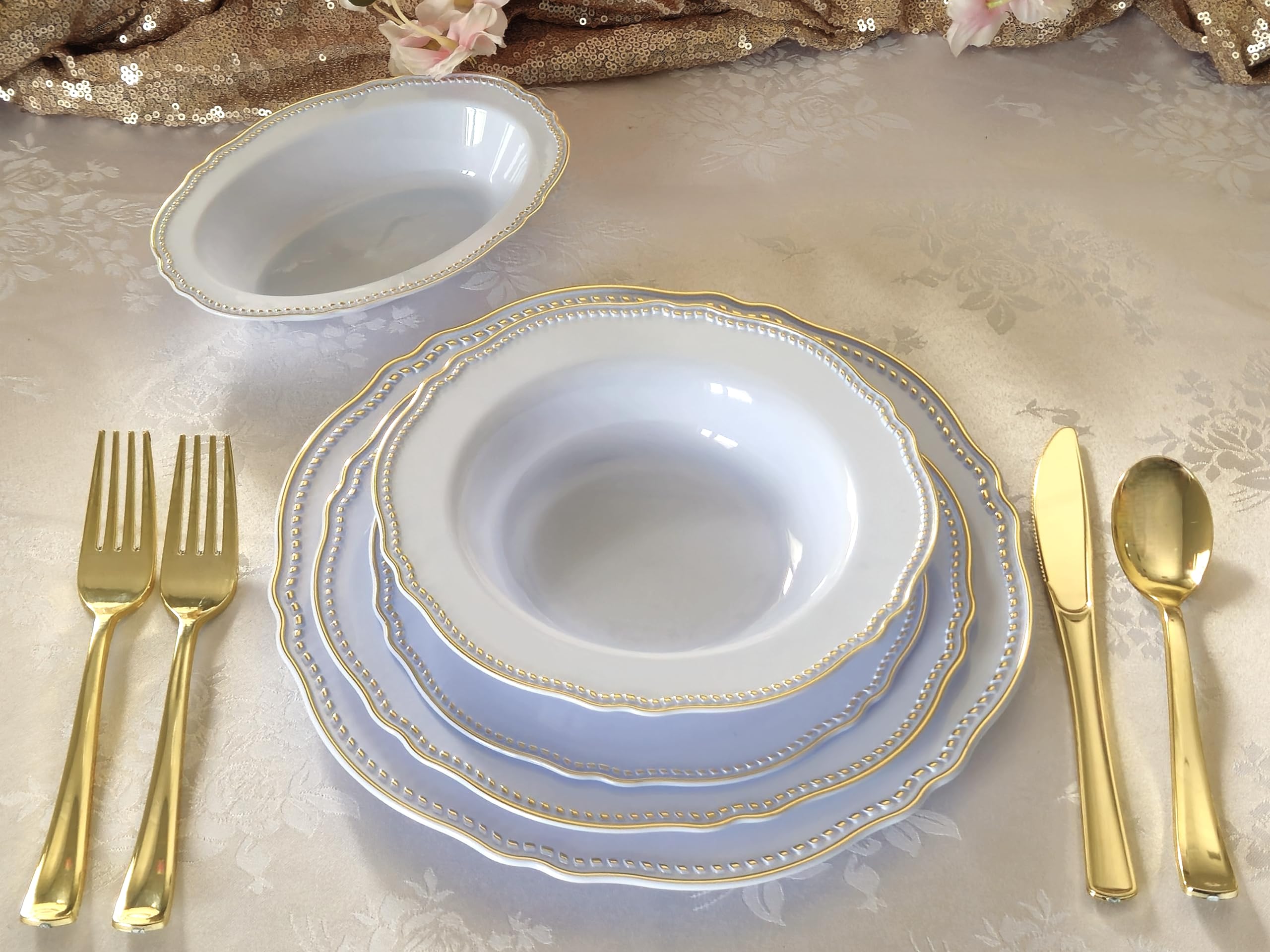 OCCASIONS 120-Pack Heavyweight Disposable Plastic Plates for Weddings & Parties - 10.25'' Dinner Plates in Rochelle Blue & Gold - Elegant Tableware for Bridal Showers, Baby Showers & Special Events