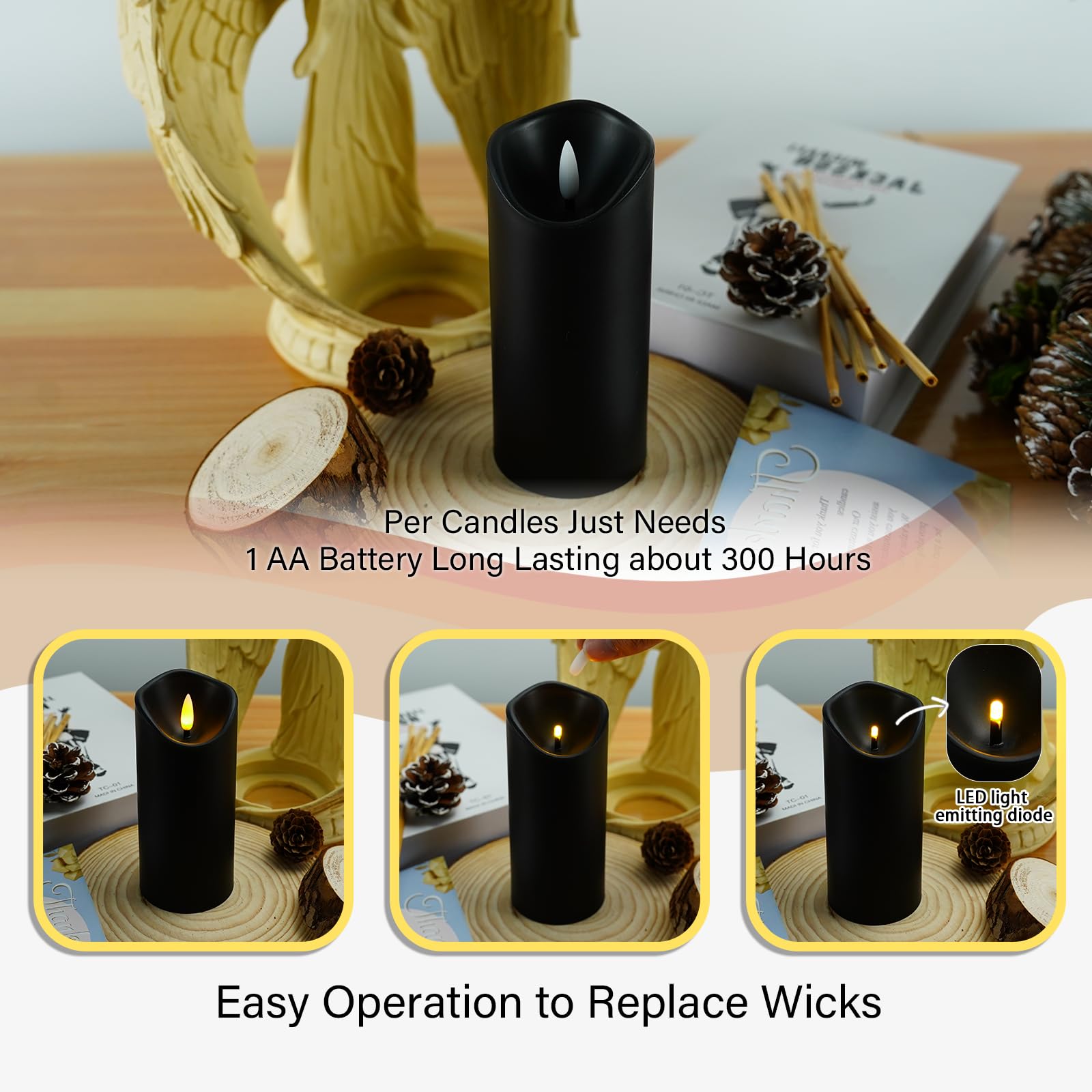 Flickering Flameless LED Candles - Set of 9 Battery Operated Acrylic Pillar Candles with Remote Control & Timer (Black) - Perfect for Home Decor, Weddings, and Romantic Dinners