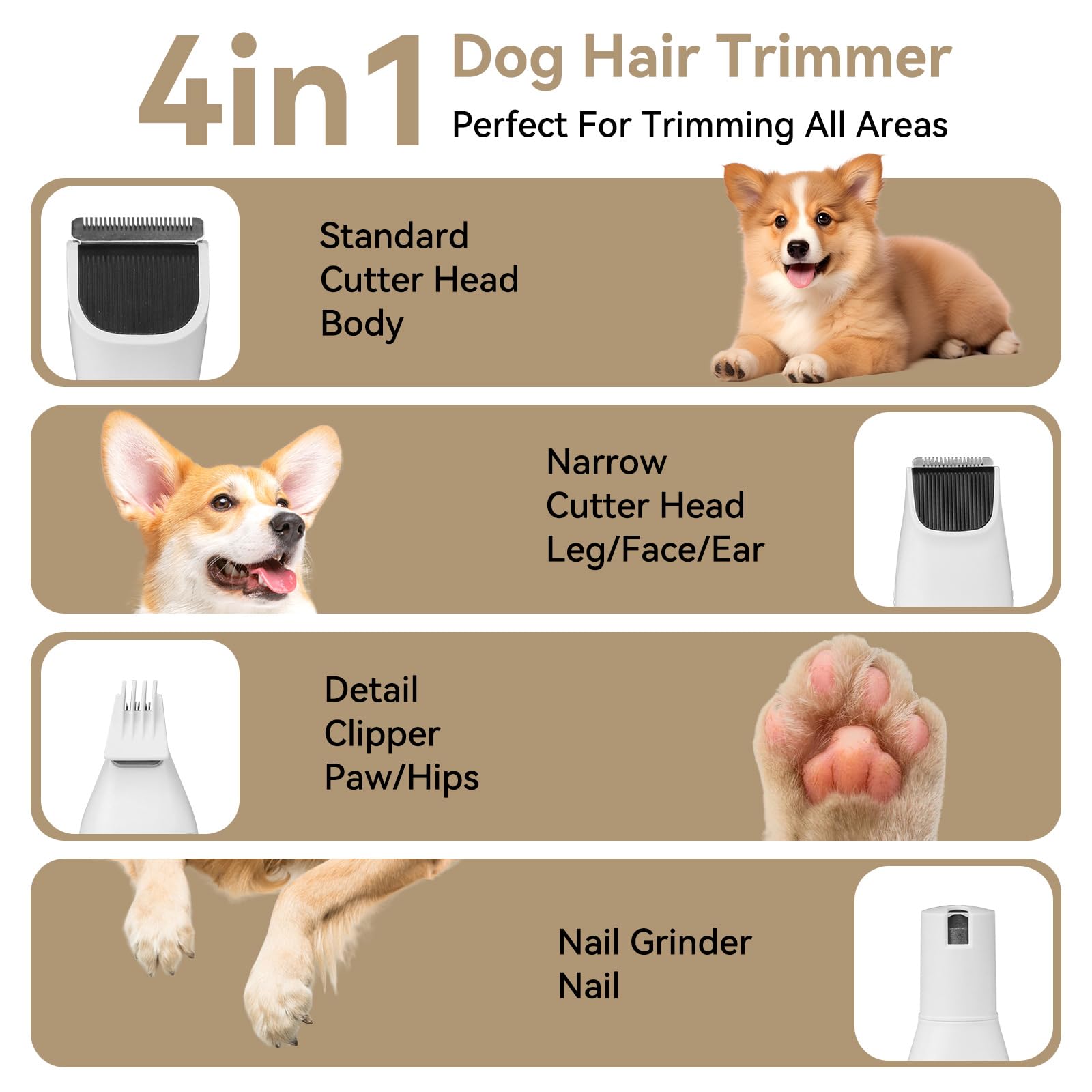 6-in-1 Quiet Dog Nail Grinder & Paw Trimmer Kit - Rechargeable Pet Grooming Clippers with Stainless Steel Scissor, Comb & IPX7 Waterproof - Perfect for Small to Medium Dogs at Home Grooming